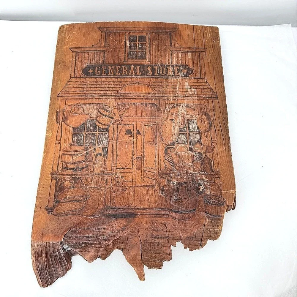 Wood‎ Wall Plaque General Store Etched Live Edge Rustic Cabin Frontier Decor